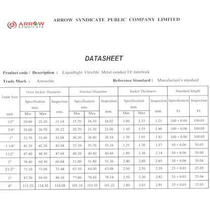 A technical datasheet from Arrow Syndicate for Arrowlite Liquidlight Flexible Metal conduit EF Interlock, showing a size and specification table with columns for jacket diameter, internal diameter, jacket thickness, and standard length.