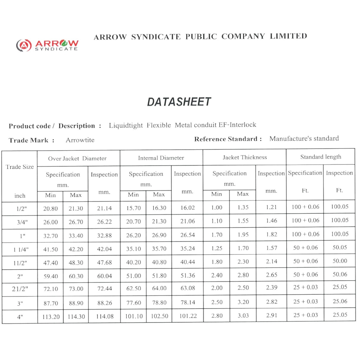A technical datasheet from Arrowwire (Arrow Syndicate Public Company Limited) detailing specifications and dimensions for Liquidtight Flexible Metal conduit EF-Interlock. The document features a detailed table with columns for trade mark, product code, jacket thickness, jacket diameter, and standard lengths for various trade sizes.