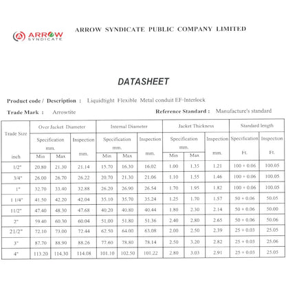 A technical datasheet from Arrowwire (Arrow Syndicate Public Company Limited) detailing specifications and dimensions for Liquidtight Flexible Metal conduit EF-Interlock. The document features a detailed table with columns for trade mark, product code, jacket thickness, jacket diameter, and standard lengths for various trade sizes.