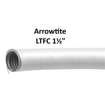 A close-up of a white ribbed corrugated hose or tube with a spiral metal core visible at one end, shown on a white background with the text 'Arrowtite LTFC 1 1/2"' above it.