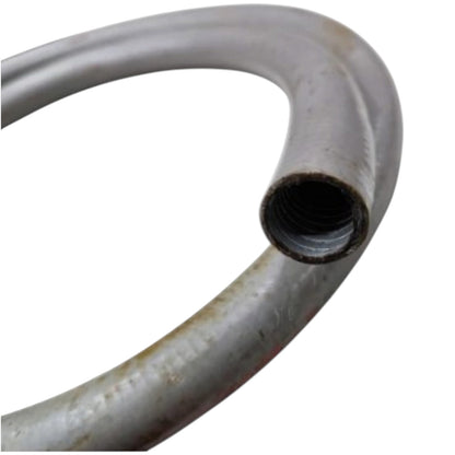 A close-up of a curved metal pipe or hose section with a threaded opening, shown on a plain white background.