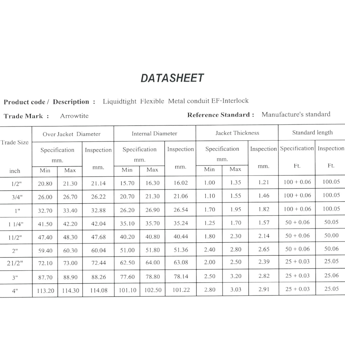 A technical datasheet table for Arrowrite Liquidtight Flexible Metal conduit EF-Interlock, showing dimensions for jacket diameter, internal diameter, specification, and inspection measurements in millimeters and feet for trade sizes from 1/2 inch to 4 inches.