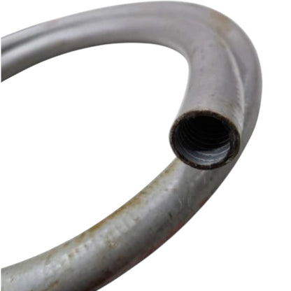 A close-up of a curved metal pipe or hose section with a threaded female end, shown on a plain white background.