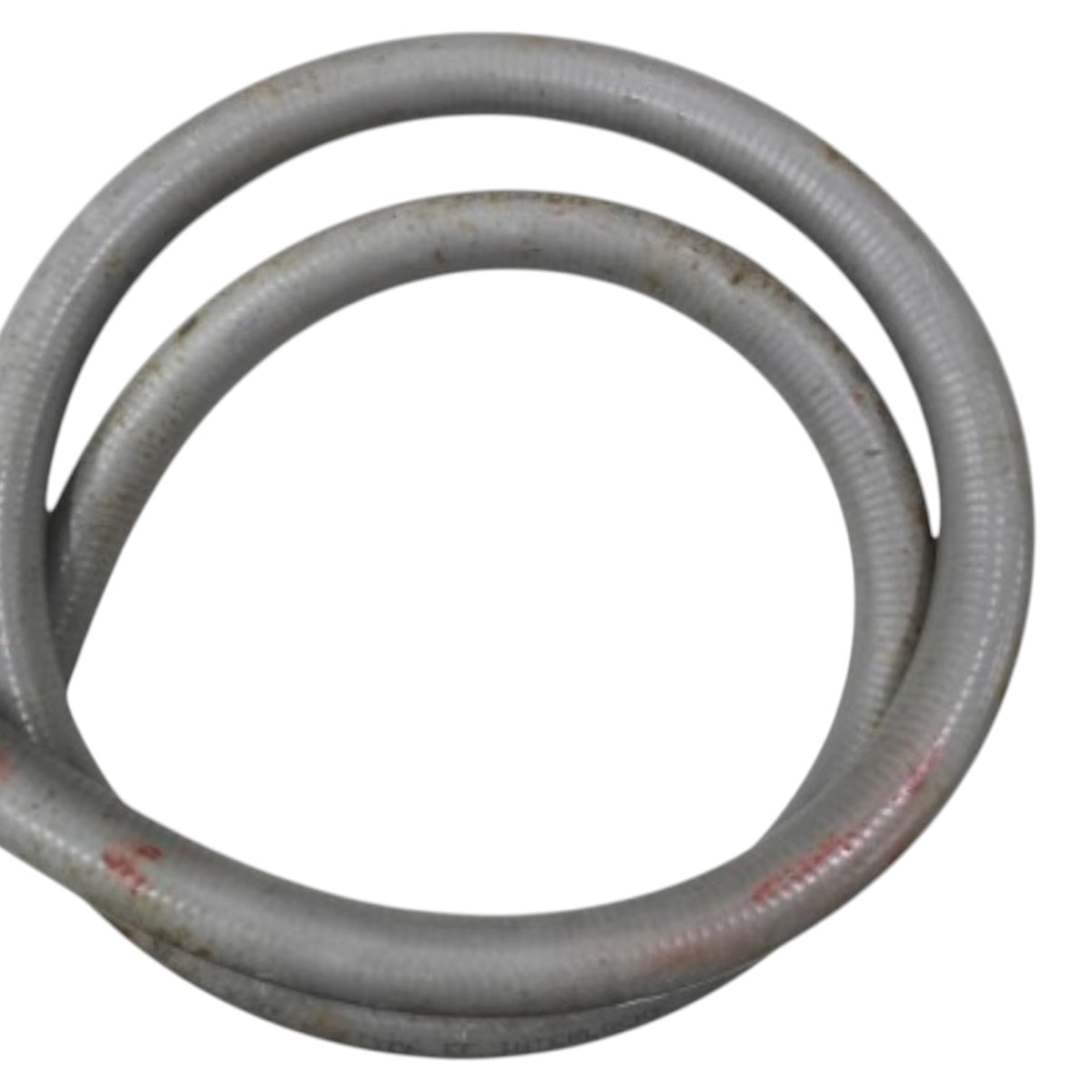 A coiled gray corrugated metal pipe or tubing section with some rust stains and a small red marking, isolated on a white background.