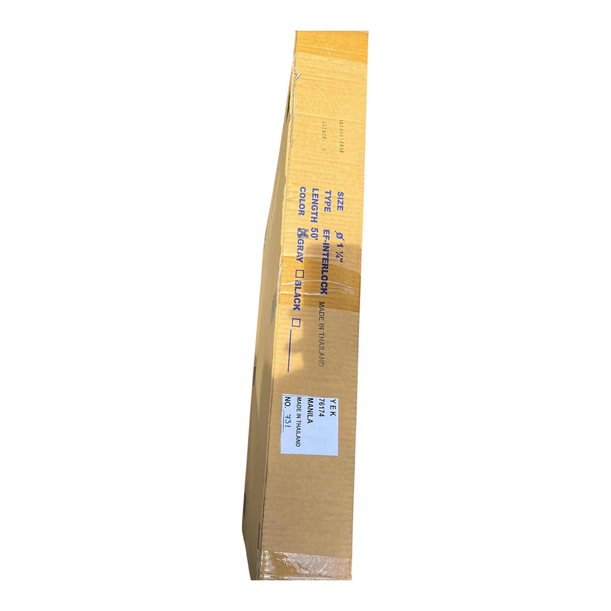 A long, narrow brown cardboard box sealed with clear tape, featuring blue printed shipping details and a white label near the bottom, shown on a plain white background.