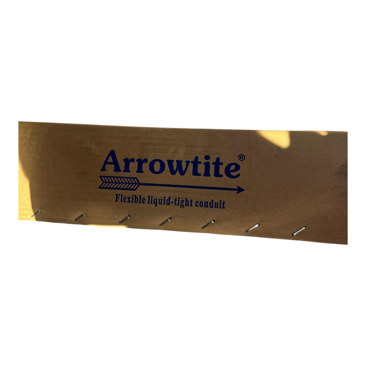 Arrowite flexible liquid-tight conduit in a metallic gold finish with blue printed branding and small metal tabs along the bottom edge, shown on a plain white background.