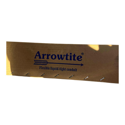 Arrowite flexible liquid-tight conduit in a metallic gold finish with blue printed branding and small metal tabs along the bottom edge, shown on a plain white background.