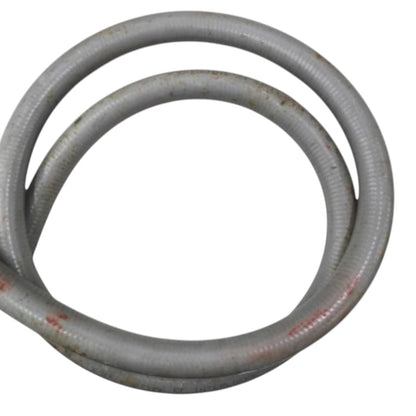A coiled gray corrugated metal hose or pipe section on a plain white background.