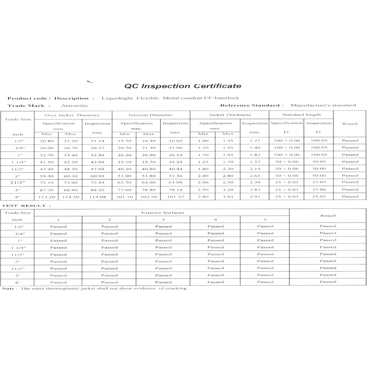 A document page titled 'QC Inspection Certificate' with a table of product specifications and test results for lap joint samples, printed in black text on a white background.