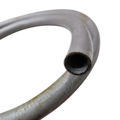 A close-up of a curved metal pipe or hose section with a threaded end, shown on a plain white background.