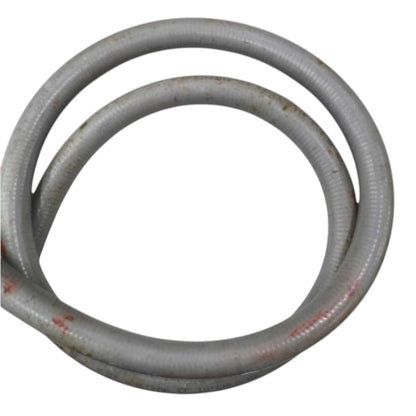 A coiled gray corrugated metal hose or pipe section with some rust stains, isolated on a white background.