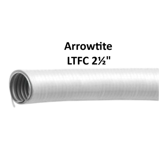 A close-up of a white corrugated flexible hose or tube with a rolled end, shown on a plain white background with the text 'Arrowtite LTFC 2 1/2"' above it.