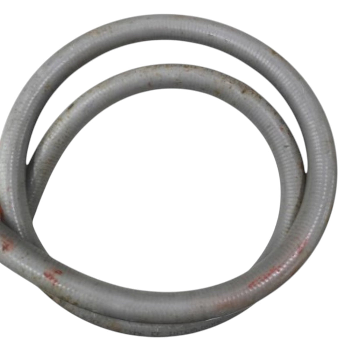 A coiled gray corrugated metal pipe or tubing with some rust stains, isolated on a white background.
