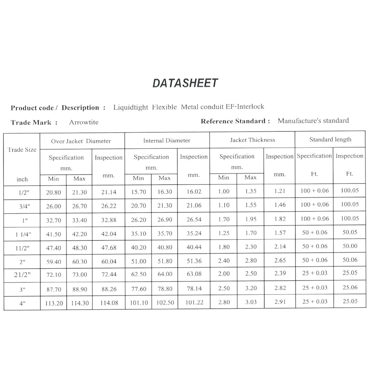 A technical datasheet table from Arrowwire showing product specifications for liquidtight flexible metal conduit EF-Interlock, including jacket thickness, internal diameter, specification and inspection measurements, and standard lengths in inches and feet.