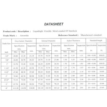 A technical datasheet table from Arrowwire showing product specifications for liquidtight flexible metal conduit EF-Interlock, including jacket thickness, internal diameter, specification and inspection measurements, and standard lengths in inches and feet.