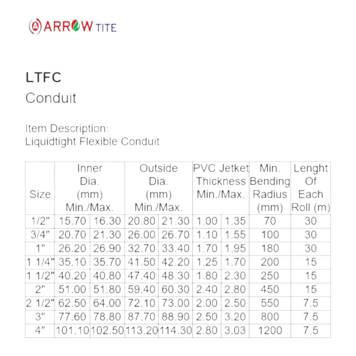 A size specification table for Arrow Tite LTFC Conduit, showing inner and outer diameters, PVC jetek thickness, bending radius, and length of each roll for sizes ranging from 1/2 inch to 4 inch, on a white background.