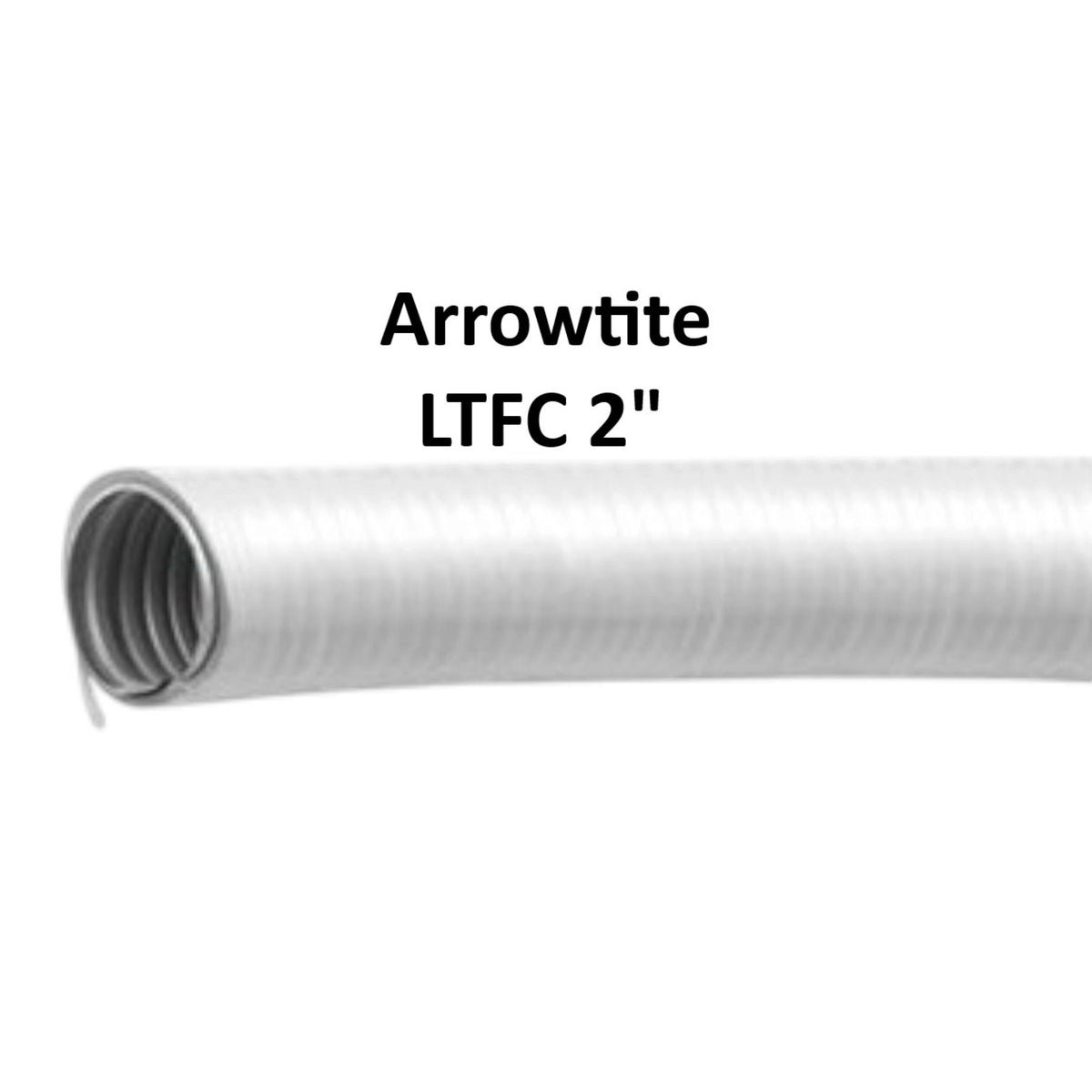 A close-up of a white corrugated flexible hose or tube with a rolled end, shown on a plain white background with the text 'Arrowtite LTFC 2"' above it.