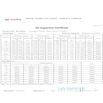A QC Inspection Certificate document from Arrow Syndicate Public Company Limited, dated 12/09/2023, with a red and white header, printed text, and a blue stamped signature at the bottom.
