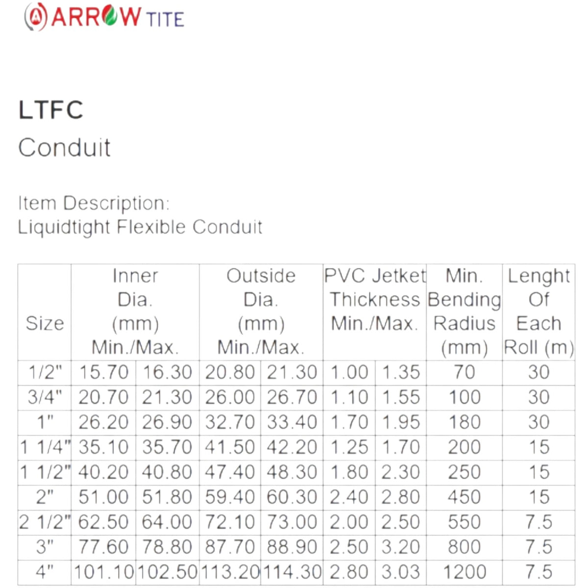 A size specification table for Arrow Tite LTFC Conduit, showing dimensions and minimum bend radius for various pipe sizes in a clean, digital format.