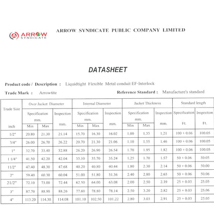 A technical datasheet table from Arrow Syndicate Public Company Limited for Arrowite Liquid Flexitable Metal conduit EF-Interlock, showing dimensions and inspection criteria for jacket diameter, internal diameter, jacket thickness, and standard length across trade sizes from 1/2 inch to 4 inches.