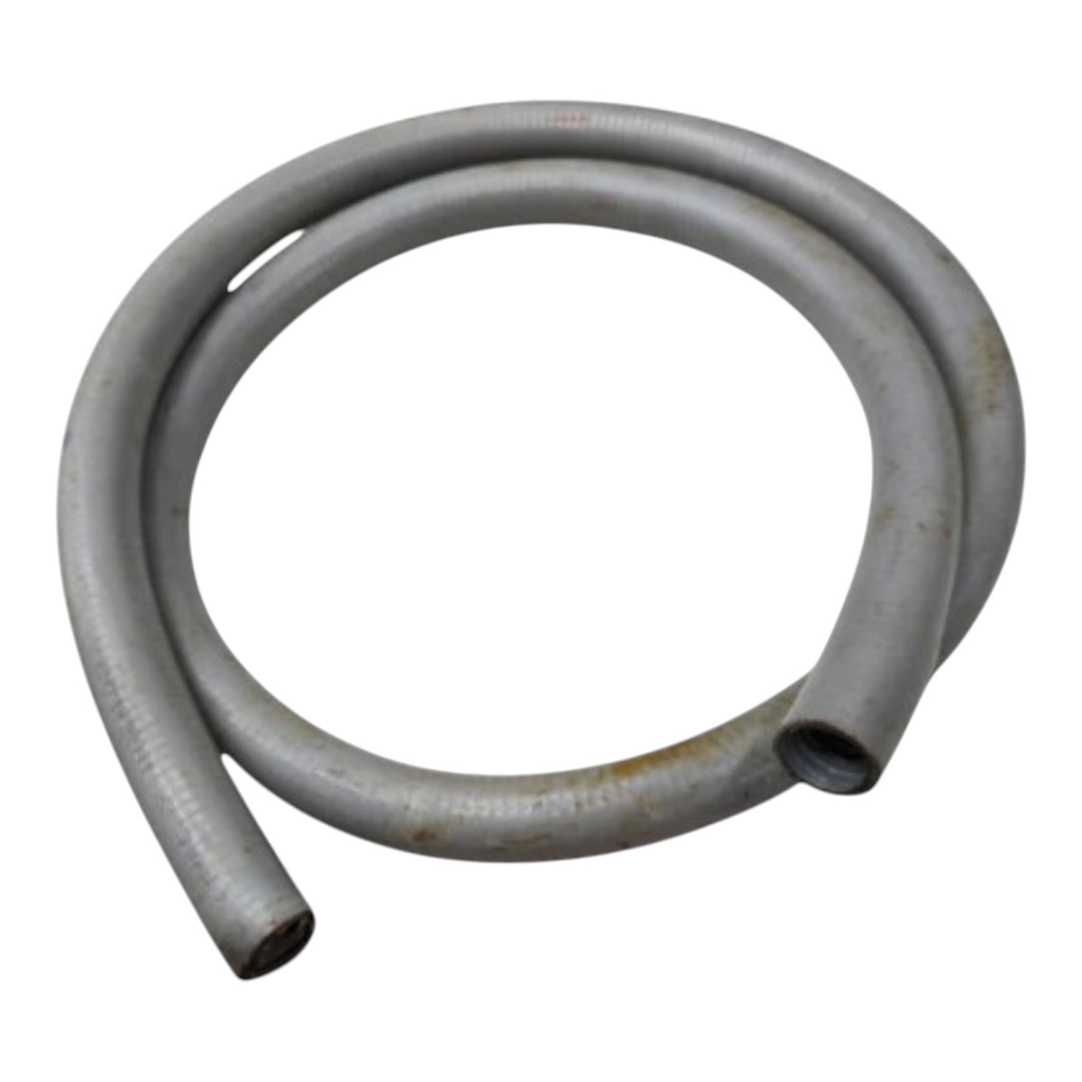 A coiled metal hose or tube with a matte gray finish and slight rust spots, isolated on a white background.