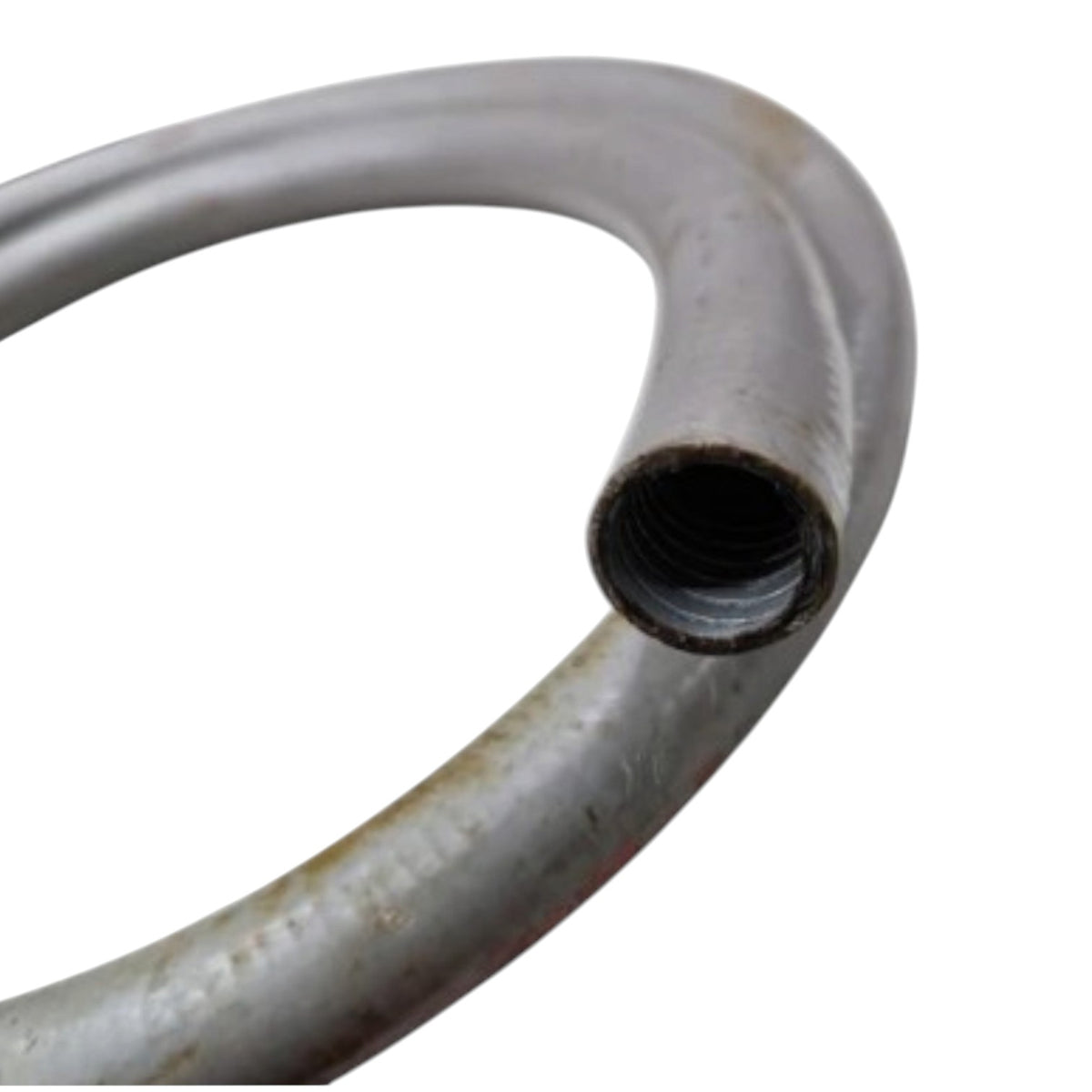 A close-up of a curved metal pipe or hose with a threaded female end, showing a weathered silver-gray surface with some rust or discoloration, isolated on a white background.