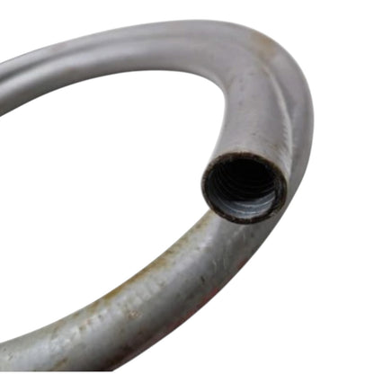 A close-up of a curved metal pipe or hose with a threaded female end, showing a weathered silver-gray surface with some rust or discoloration, isolated on a white background.