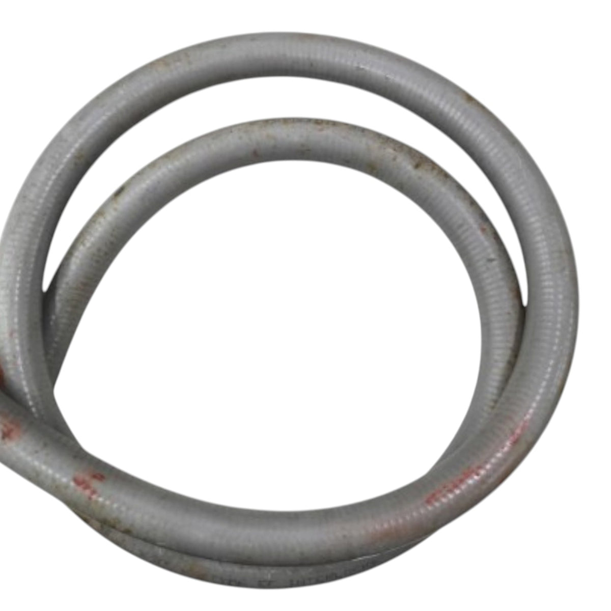 A coiled gray corrugated metal pipe or tubing with some rust stains, isolated on a white background.