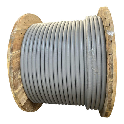 A large spool of thick gray cable or conduit wrapped around wooden spool flanges, shown on a plain white background.