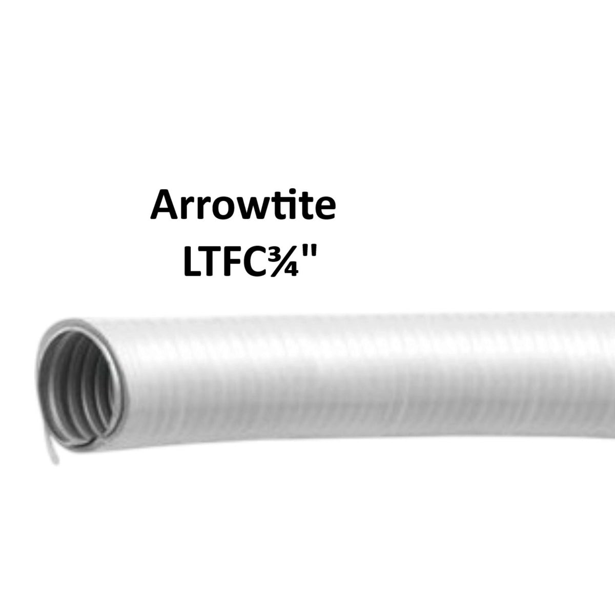 A close-up of a white corrugated metal hose or tube with the text 'Arrowtite LTFC 3/4"' above it, on a plain white background.