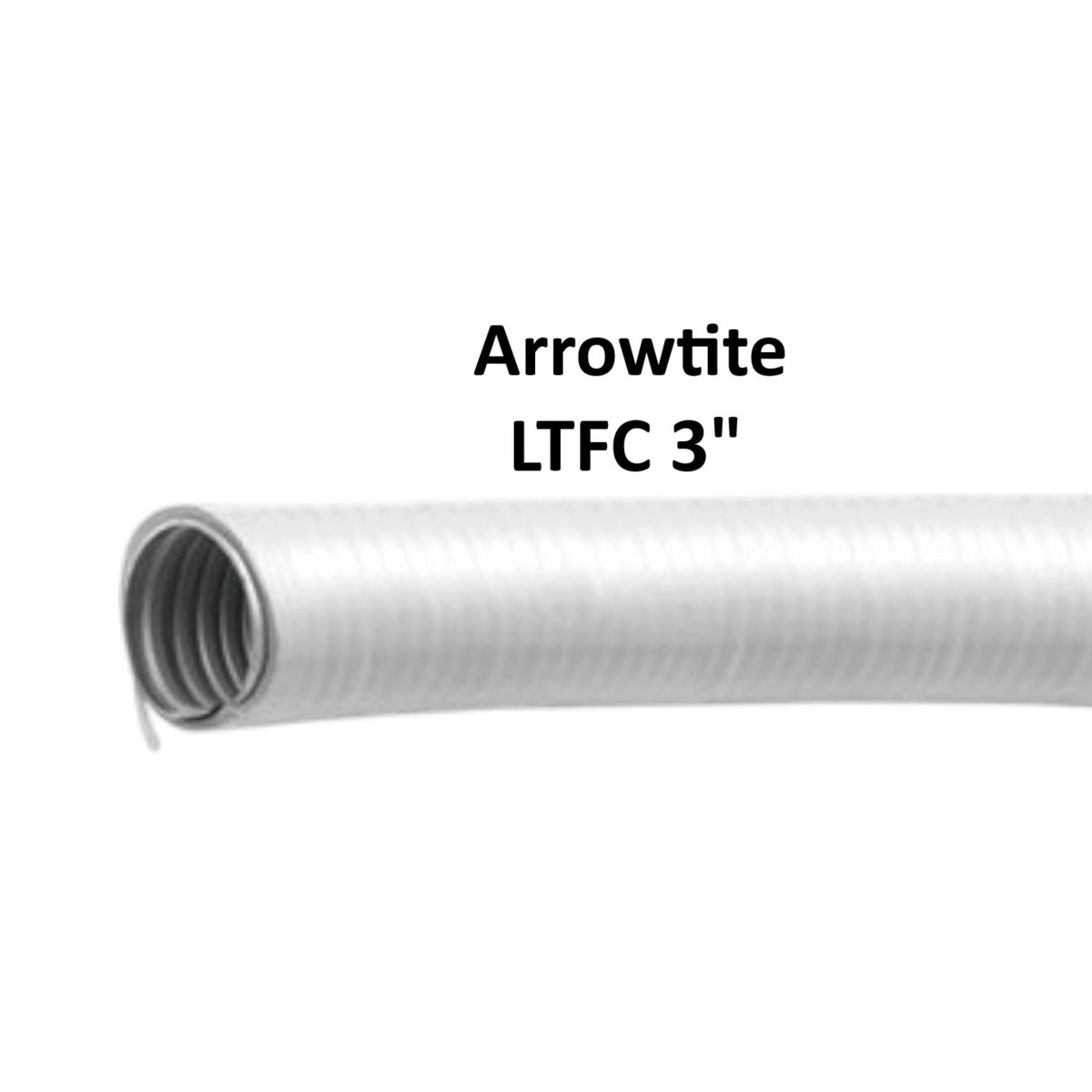 A close-up of a white corrugated hose or tube section with black text reading 'Arrowtite LTFC 3"' on a plain white background.
