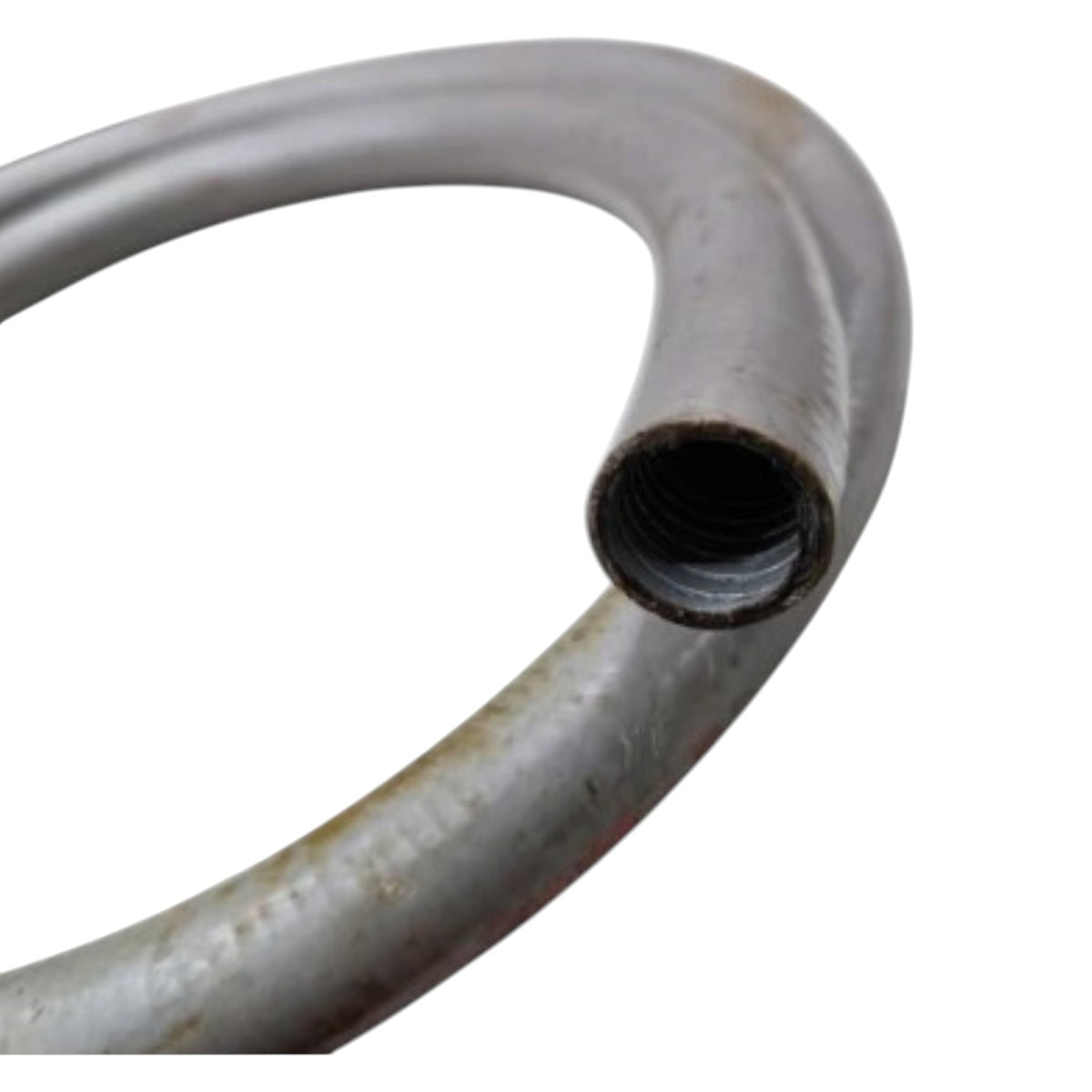 A close-up of a curved metal pipe or hose section with a threaded female end, shown against a plain white background.