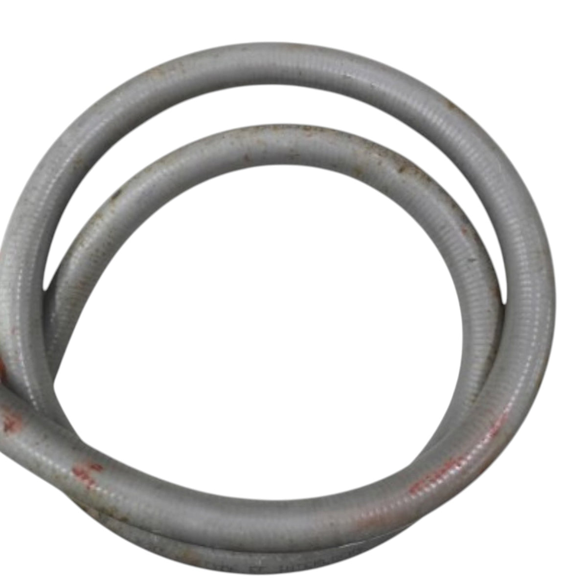 A coiled gray corrugated industrial hose or pipe fitting with some red tape residue, isolated on a white background.