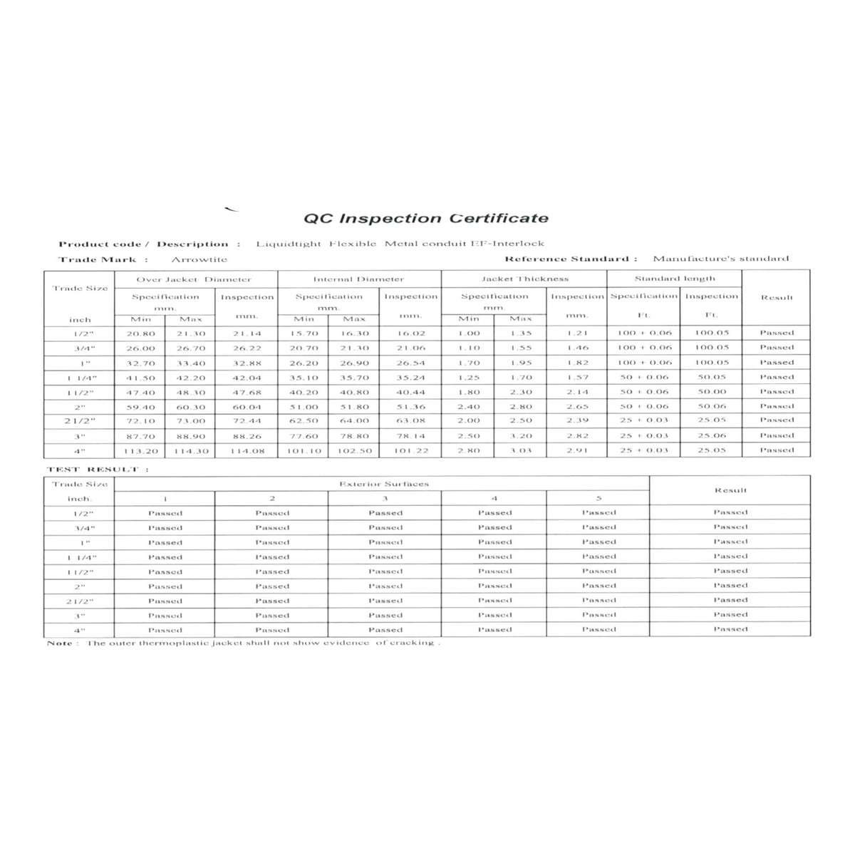 A QC Inspection Certificate document template with a table for over-anchored wood lumber, grain direction, moisture content, temperature, joint type, reference standards, and true result columns, shown on a white background.
