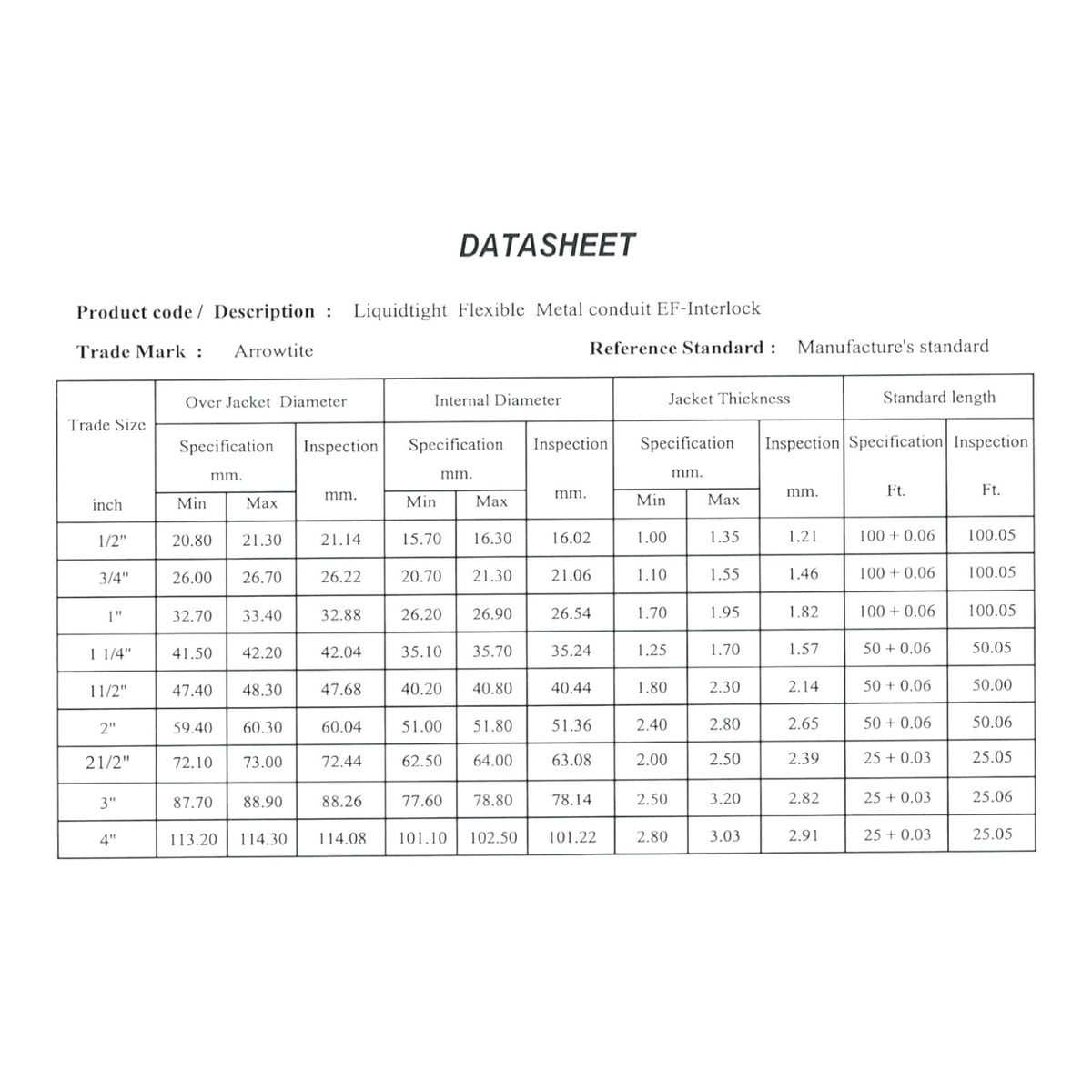 A technical datasheet table for Arrowite Liquiditix Flexible Metal conduit Interlock, showing dimensions and inspection criteria for jacket diameters from 1/2 inch to 4 inches.