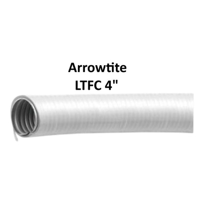 A white corrugated flexible hose shown on a plain white background with the text 'Arrowtite LTFC 4"' above it.