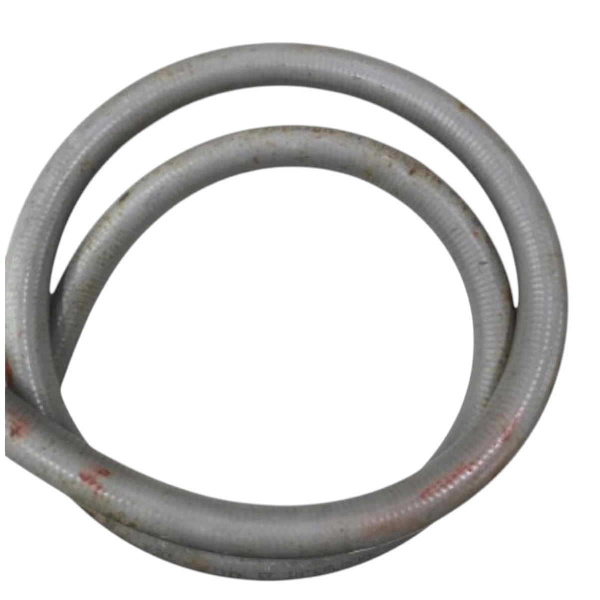 A coiled gray corrugated plastic or metal pipe section with some red paint markings, isolated on a white background.