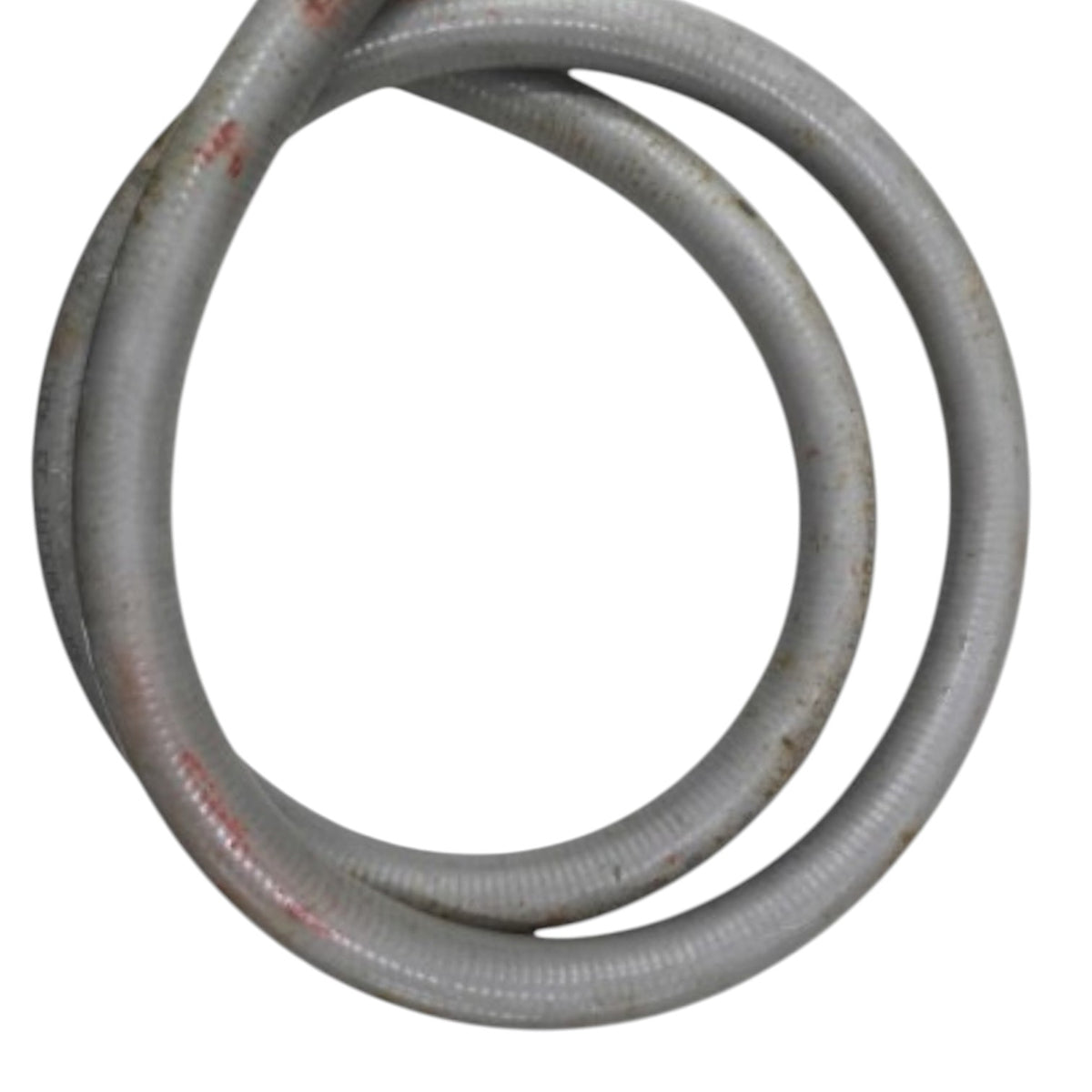 A coiled gray corrugated industrial hose with some red markings and minor dirt, isolated on a white background.