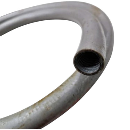 A close-up of a curved metal pipe or hose section with a threaded female end, showing a textured metallic surface on a plain white background.