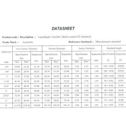 A technical datasheet table for Arrowbite Liquidtight Flexible Metal conduit EF-Interlock, showing dimensions for jacket diameter, internal diameter, jacket thickness, and standard length based on trade size (1/2 to 4 inches) and jacket specifications.