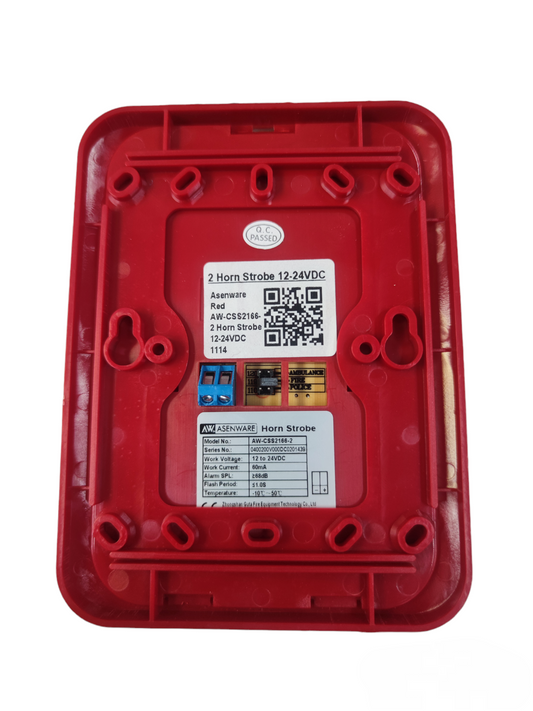 Back view of Asenware horn strobe alarm in red showing labeling and technical specifications