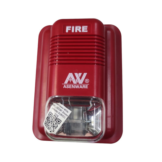 A red Asenware fire alarm transmitter with a clear front lens and a white printed label, shown on a plain white background.