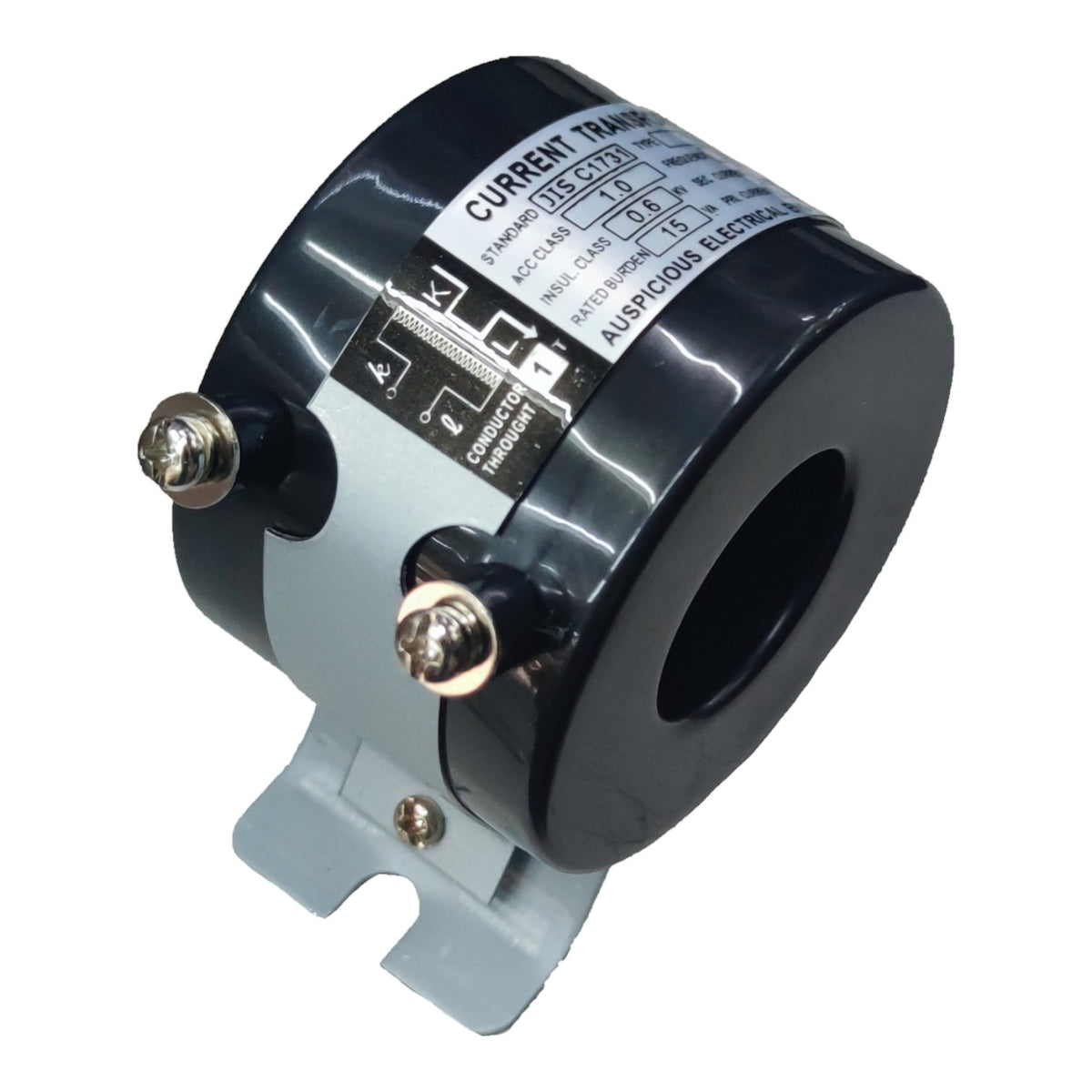 A black and gray electrical current transformer with a white label and metal terminal screws, shown on a plain white background.