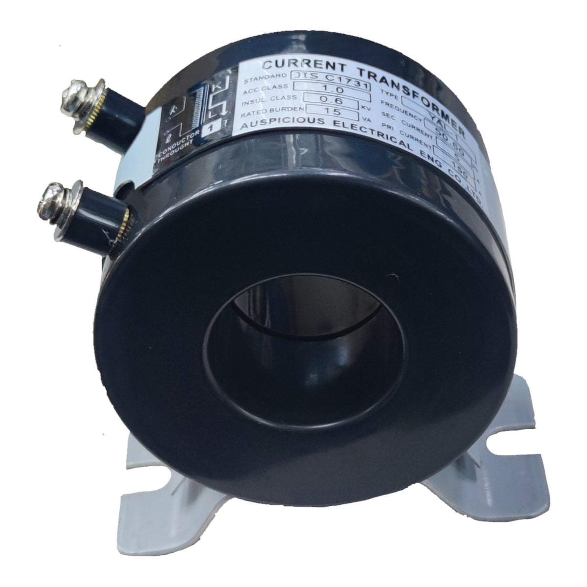 A black cylindrical current transformer with a metal core, featuring two screw terminals on the left and a white technical specification label on top, set against a plain white background.