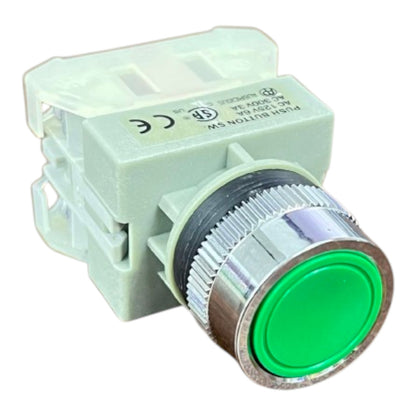 A push button switch with a light green plastic housing, a silver metal ribbed bezel, and a bright green circular button face, shown on a plain white background.