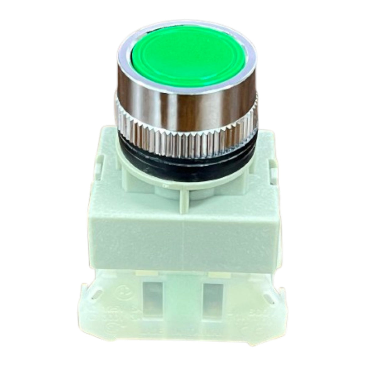 An industrial push button with a bright green circular button face, a brushed silver metal collar, and a black gasket, mounted on a light green plastic base.