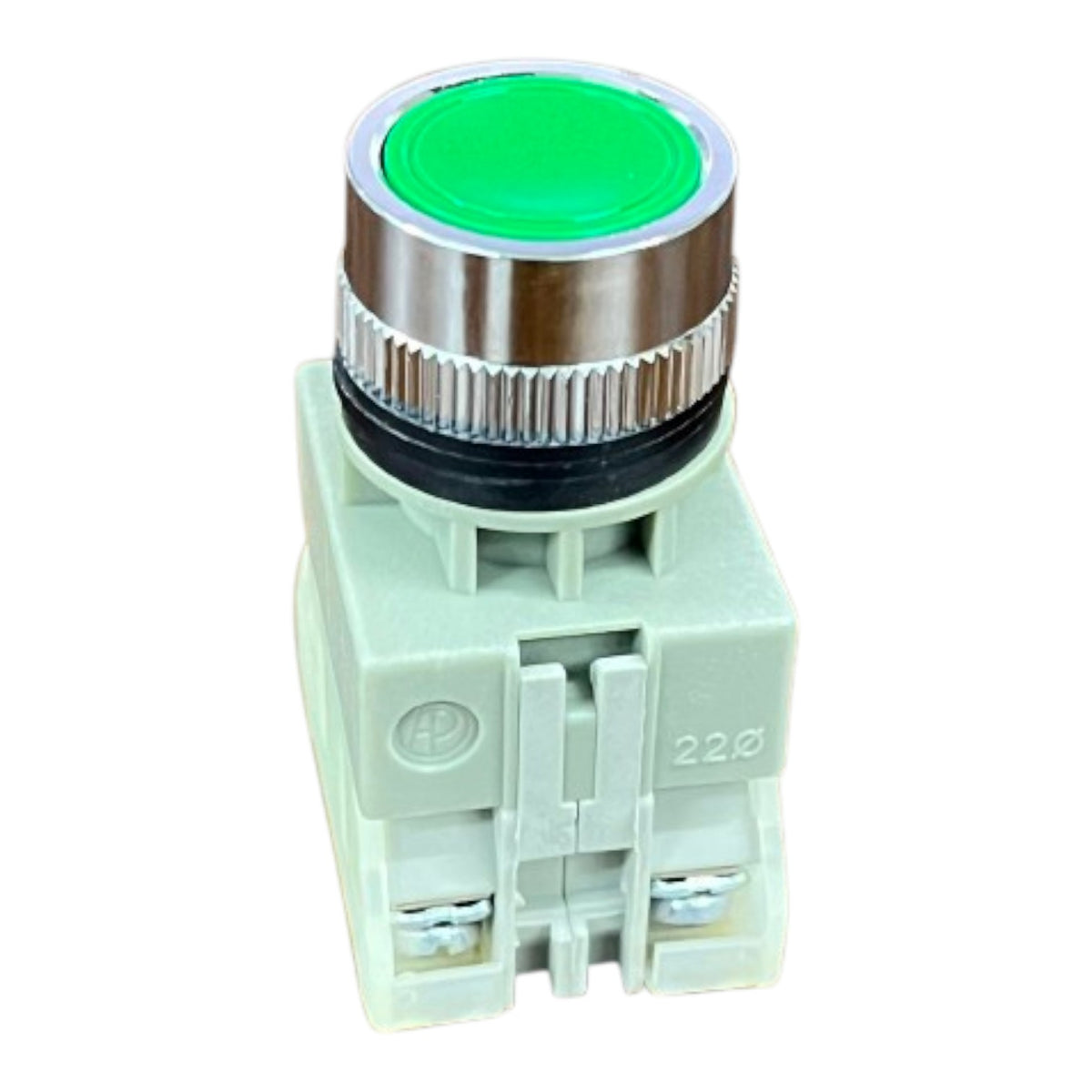An industrial push button with a bright green circular face, a textured silver metal collar, and a light green plastic housing with terminal slots.
