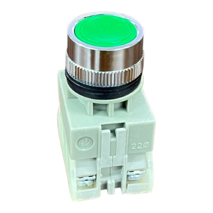 An industrial push button with a bright green circular face, a textured silver metal collar, and a light green plastic housing with terminal slots.