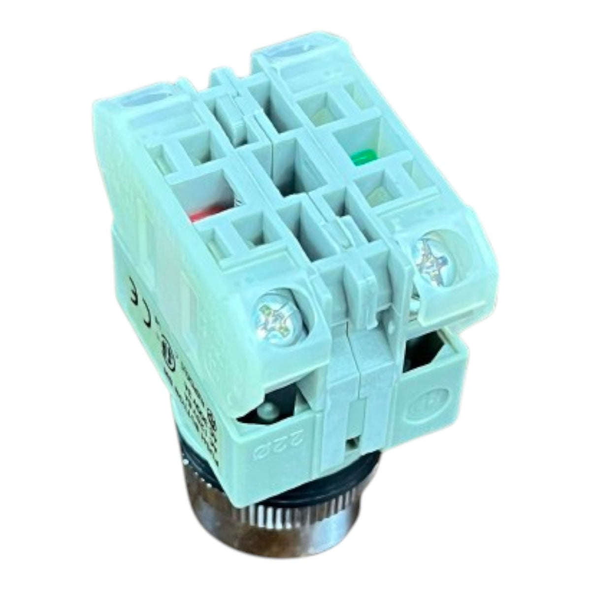 A light mint green electrical terminal block connector with a threaded metal base, shown on a plain white background.
