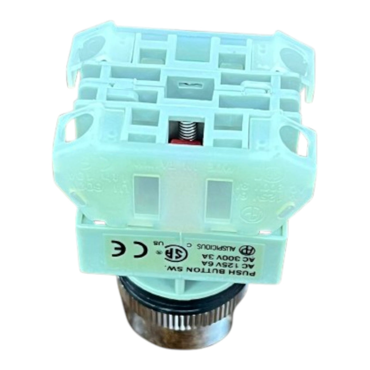 A light blue plastic electrical push-button switch component with a metallic threaded base, featuring printed specifications and certification marks.